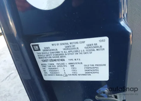 2004 GMC Envoy Xuv Slt from USA, damaged, VIN 1GKET12S046167404